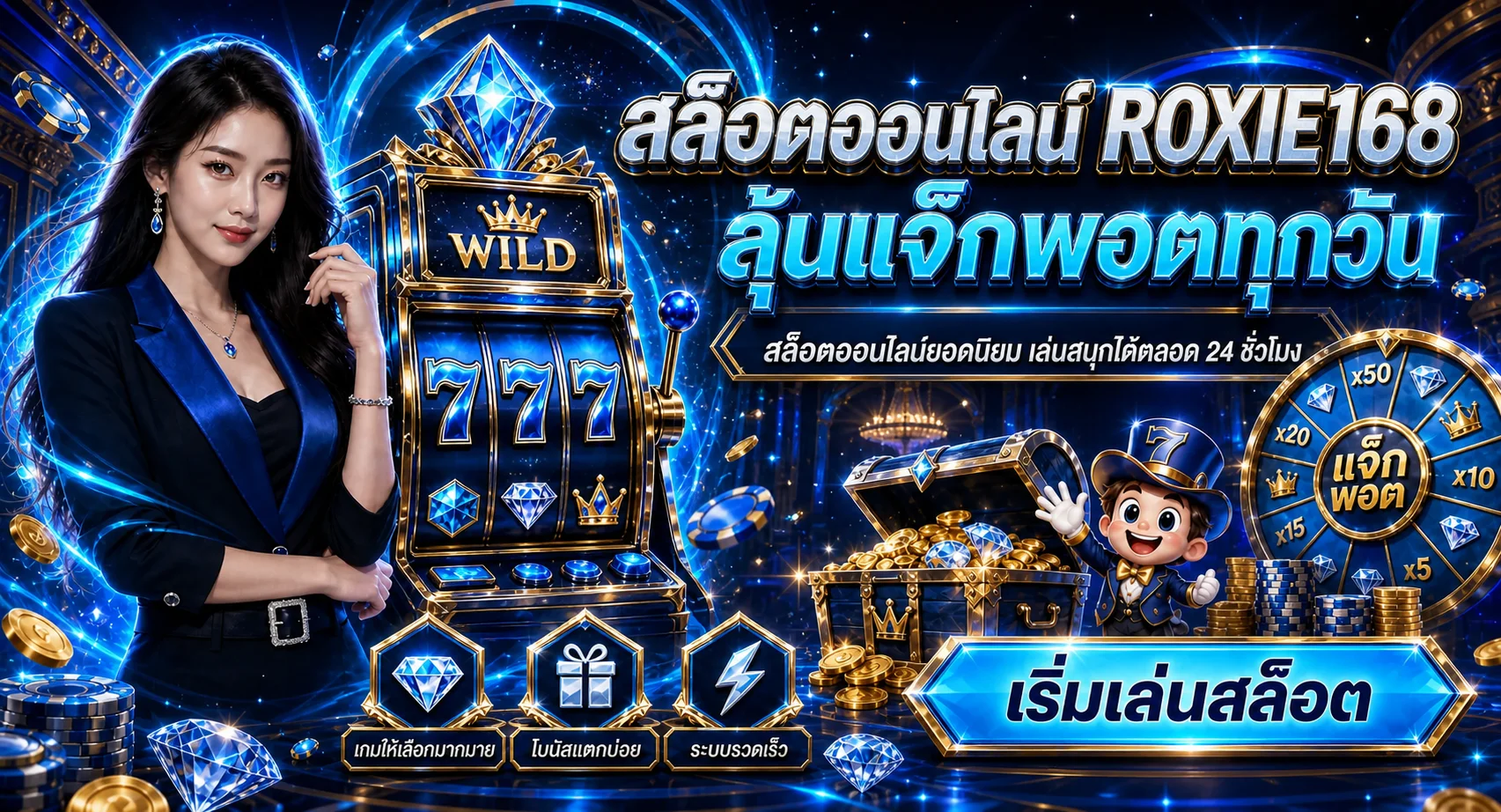 แบนเนอร์สล็อตออนไลน์ ROXIE168 พร้อมมาสคอตเกม